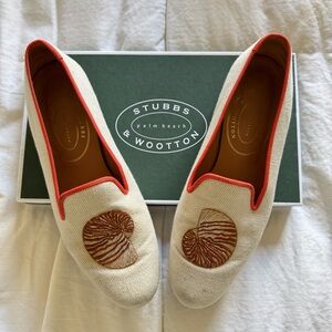 Stubbs & Wootton Cream Linen Loafers with Shell Embroidery 9.5